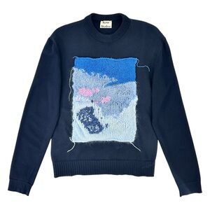 Acne Studios Navy Blue Abstract Pastel Knit Panel Crewneck Wool Sweater sz S